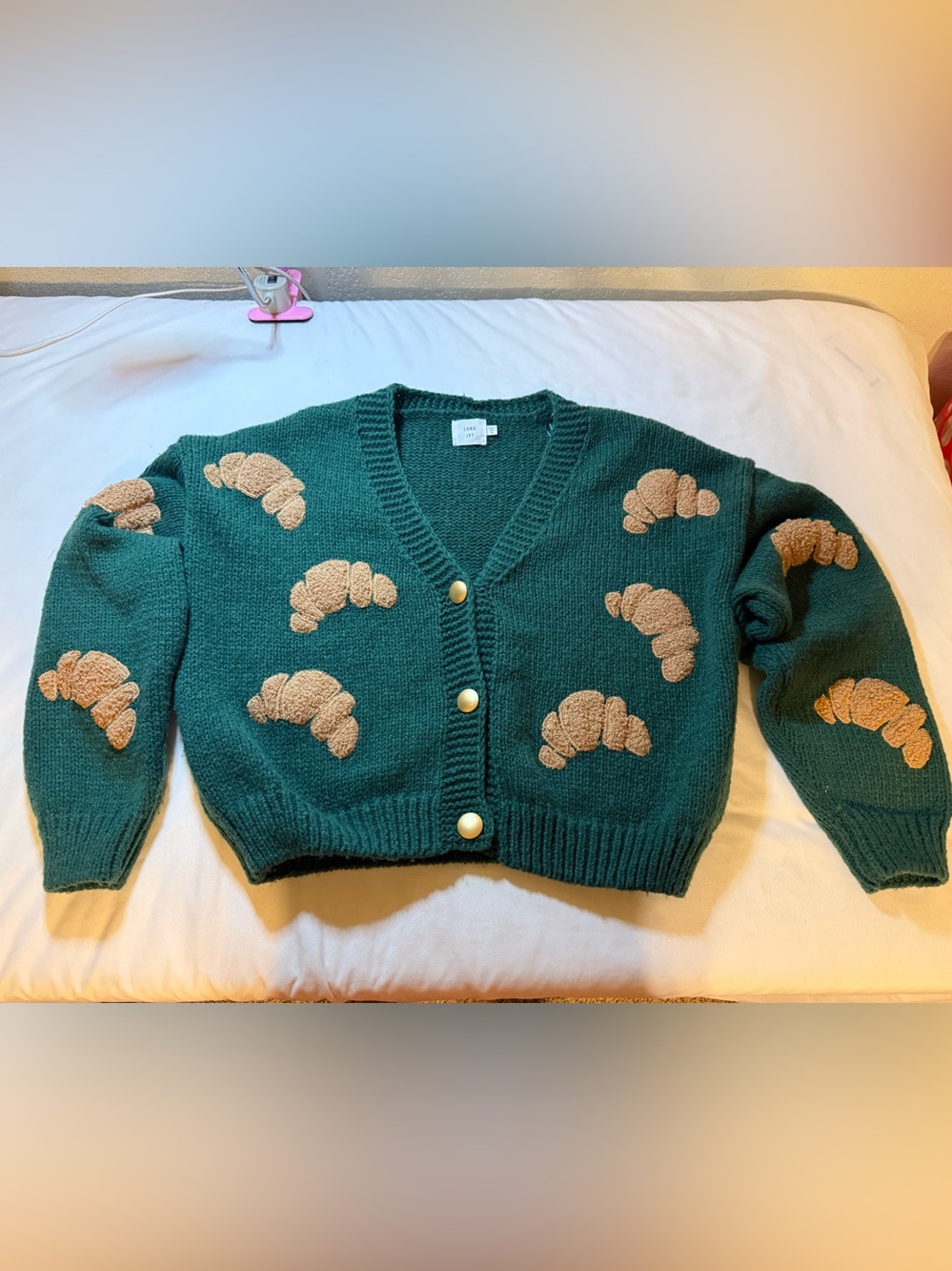 Cropped Green V‑Neck Cardigan with Croissant Appliqués